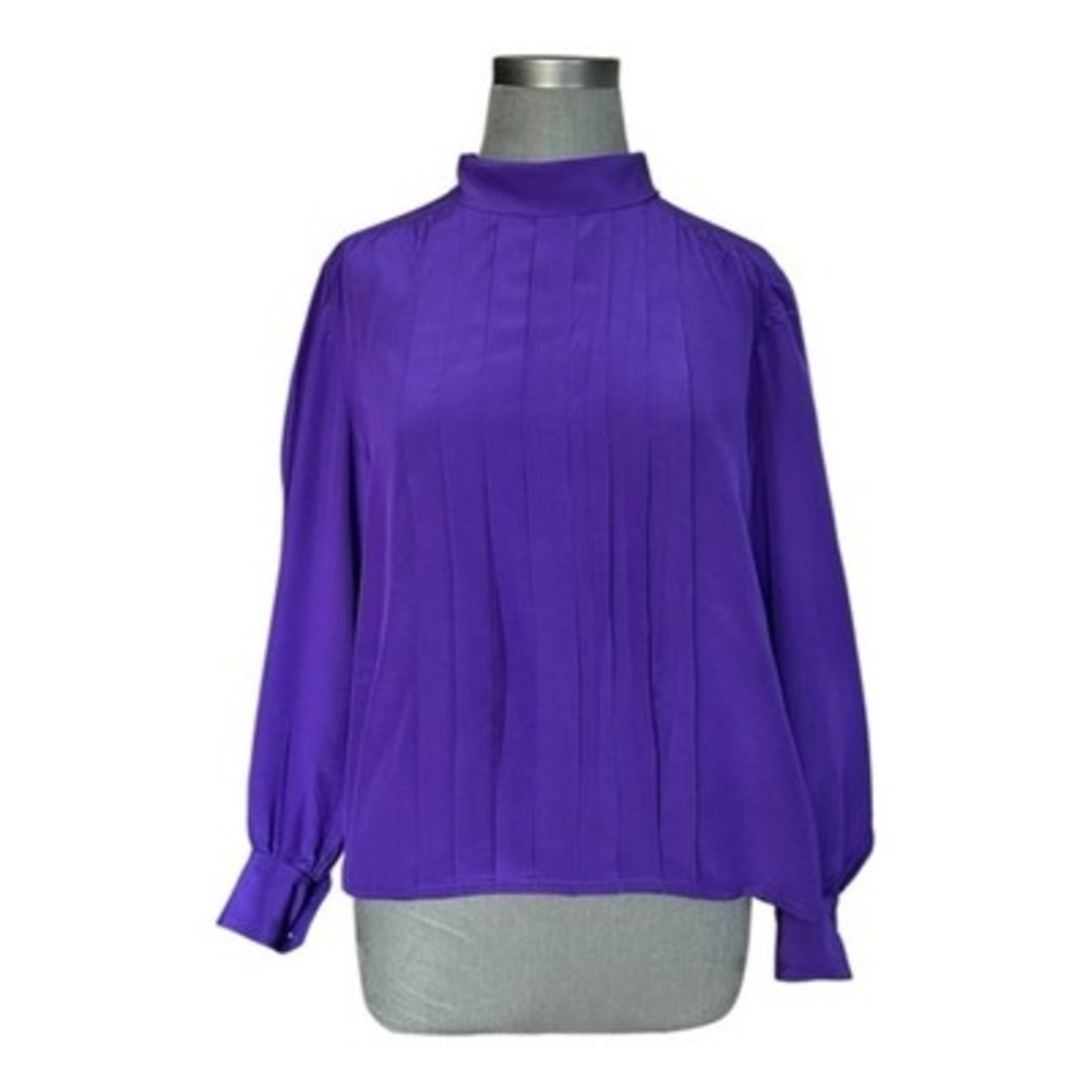 CELINE Paris Purple Silk Mock Neck Button Back Blouse Women's Top EU 46 US L - Picture 2 of 5